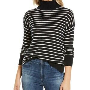 Halogen women's Cashmere Turtleneck Sweater in Black/White Stripe Size L